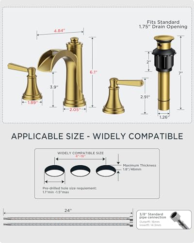 FORIOUS Brushed Gold Bathroom Faucet 3 Hole Widespread, Vanity Faucet Gold | Two Handle Antique Brass Waterfall Bathroom Faucet Gold 3 Hole with Metal Pop Up Drain, Pre-Assembled CUPC Hose and All Tools - color: Brushed Gold