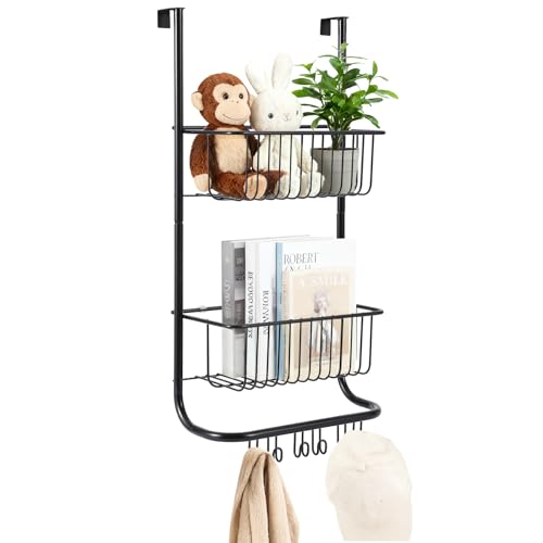 Garvee Over Door Shower Caddy, 2-Tier Rustproof Metal Organizer | with 6 Hooks, Adjustable Hanging Storage for Bathroom, Bedroom, Pantry & Closet, Space Saving, 11.8"x5.1"x24.2", Black - color: black
