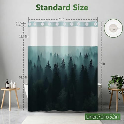 No Hook Shower Curtain with Snap in Liner and Sheer Top Window, Misty Forest Easy Hang Double-layer Waterproof Fabric Shower Curtain, 71x74 Inch Summer Bathroom Shower Curtains Set with Weighted Hem - color: Misty Forest