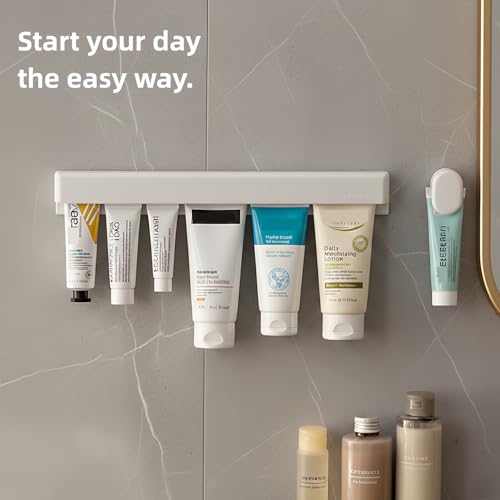 Toothpaste Holder Wall Mounted, Extra Large Tooth Paste Holder for Bathroom | JM.JEEMI Face Cream & Cosmetic Tubes Hanger, Wall Tube Organizers Gripper with 3 Toothpaste Squeezers - Adhesive, White - size: X-Large