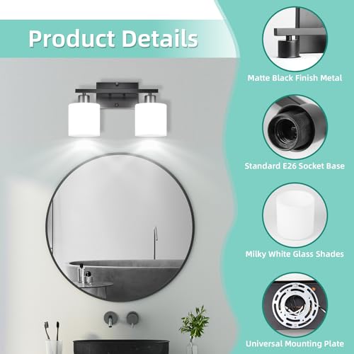 SILAMPDI 2-Light Bathroom Lighting Fixtures, Black Modern Vanity Lights Wall Lamp with Milky White Glass Shades for Mirror Kitchen Living Room Hallway Cabinet Porch, Bulbs Not Included - color: Black-2Light