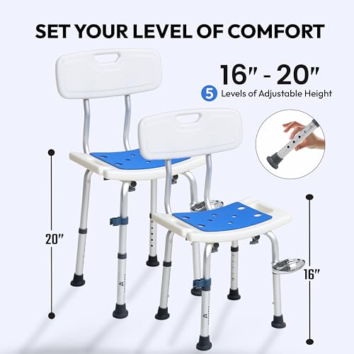 Shower Chair for Inside Shower With Soap box - Height Adjustable Shower Chair for Elderly and Disabled with Removeable Back & Enhanced Non-Slip Feet - Lightweight Aluminum Construction - Blue