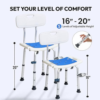 Shower Chair for Inside Shower With Soap box - Height Adjustable Shower Chair for Elderly and Disabled with Removeable Back & Enhanced Non-Slip Feet - Lightweight Aluminum Construction - Blue