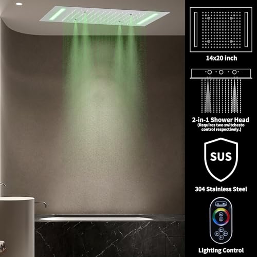 Brushed Nickel Shower System,4 Functions Digital Temperature Display Diverter Valve,Ceiling 14x20" 2-Function Shower Head and 8 inch Wall Mounted Shower Head Combo,Handheld Shower - color: Brushed Nickel