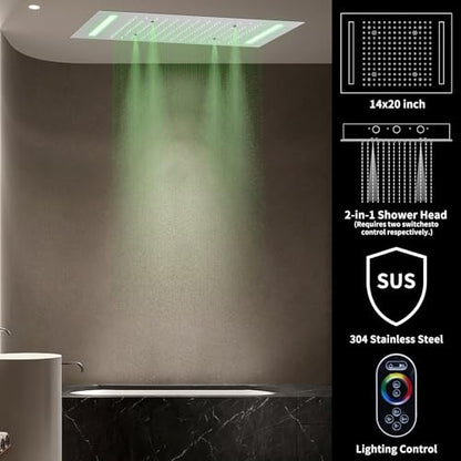 Brushed Nickel Shower System,4 Functions Digital Temperature Display Diverter Valve,Ceiling 14x20" 2-Function Shower Head and 8 inch Wall Mounted Shower Head Combo,Handheld Shower - color: Brushed Nickel