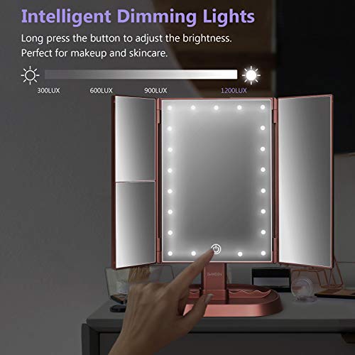 Trifold Lighted Vanity Makeup Mirror with 21 LEDs Lights,1x/2x/3x Magnification and Touch Screen Dimming,Two Power Supplies Makeup Mirror, Gift for Women - color: Rose Gold