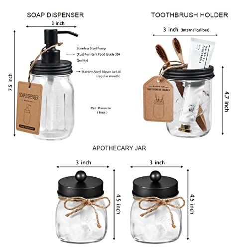 Amolliar Mason Jar Bathroom Accessories Set, 4Pcs Glass Bathroom Set, Black | Lotion Soap Dispenser, 2 Cotton Swab Holders, Toothbrush Holder, Farmhouse Rustic Bathroom Decor, Perfect Decorating Idea - size: Black, style: Standard-mouth