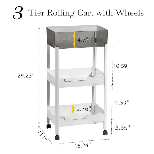 3 Tier Rolling Cart with Wheels 4.7'' Deep Baskets Bathroom Storage Shelf Heavy Duty Plastic Bedside Cart, Large Capacity Snack Stand Diaper Caddy Laundry Room Kitchen Organizer, White - size: 3-tier