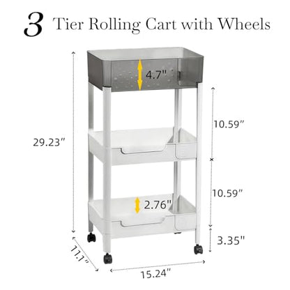 3 Tier Rolling Cart with Wheels 4.7'' Deep Baskets Bathroom Storage Shelf Heavy Duty Plastic Bedside Cart, Large Capacity Snack Stand Diaper Caddy Laundry Room Kitchen Organizer, White - size: 3-tier