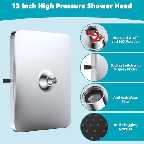 Hibbent cUPC Certified 5 Spray Modes Shower Head, 13'' High Pressure Large Rainfall Shower Head, High Flow Waterfall Bathroom Fixed Showerheads with Adjustable Swivel Ball Joint, Chrome - color: Chrome, style: Square 13''