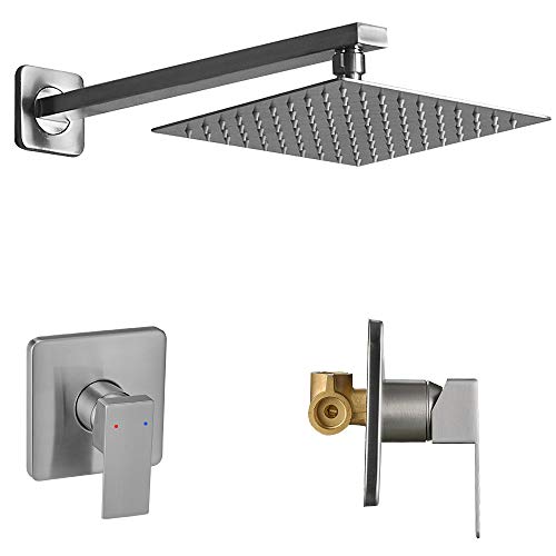Shower Faucet Set Brushed Nickel, Single Function Shower Trim Kit with Rough-in Valve, Square Rain Shower Head System Included Extra Long Shower Arm for Bathroom - color: Brushed Nickel, style: Shower Faucet