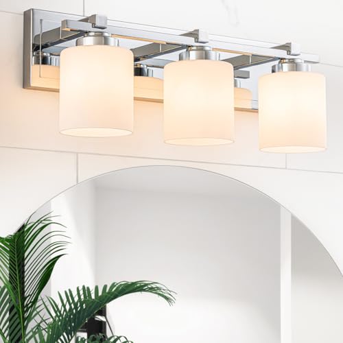 Modern Bathroom Light Fixtures Over Mirror, Vanity Lights for Bathroom Wall Sconces with Milky White Glass Shades, E26 Socket (Bulbs Not Included), 3 Light, Chrome - color: Chrome - Milky White Glass Shades, size: 3-Lights