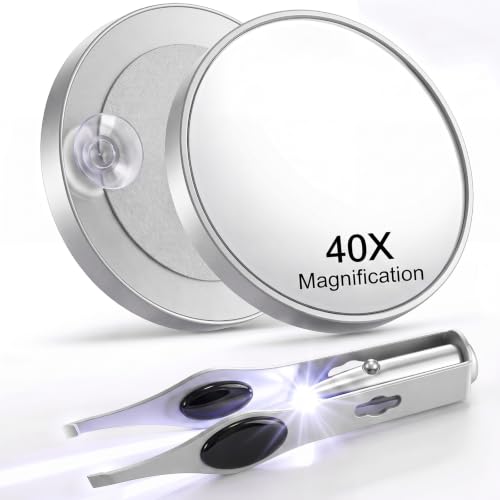 LED Lighted Tweezers & 40X Magnifying Mirror with Suction Cup Set, 2 in 1 No-Hands Makeup Mirror with Light and Precision Light Up Tweezers(Silver) - color: Silver