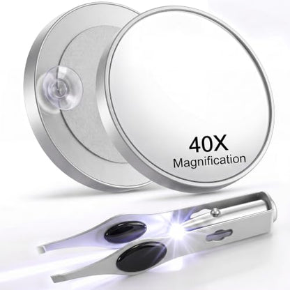 LED Lighted Tweezers & 40X Magnifying Mirror with Suction Cup Set, 2 in 1 No-Hands Makeup Mirror with Light and Precision Light Up Tweezers(Silver) - color: Silver
