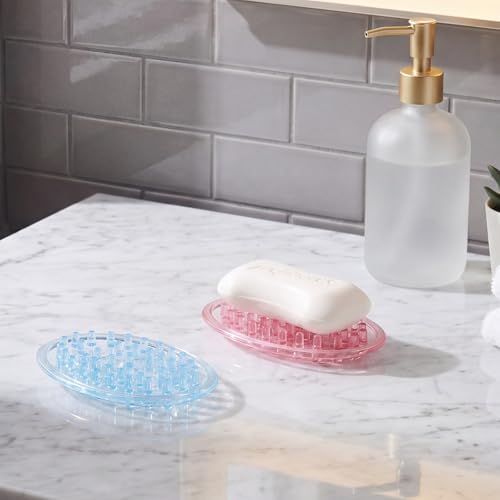 2 Pcs Plastic Soap Holder Soap Dish Bar Saver Tray with Holes Sponge Holder for Kitchen Bathroom Shower Counter, 4.5 x 3 x 0.7 Inches (Pink,Blue) - color: Pink, Blue