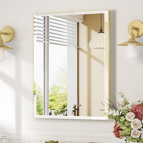MZON 24x32 Bathroom Vanity Mirror for Wall with Beveled Edge, Ultra-Thin Metal Frame HD Mirror, Rectangular Wall Mounted Mirror for Bathroom Sink, Vertical or Horizontal, Gold - color: Gold, size: 24"L x 32"W