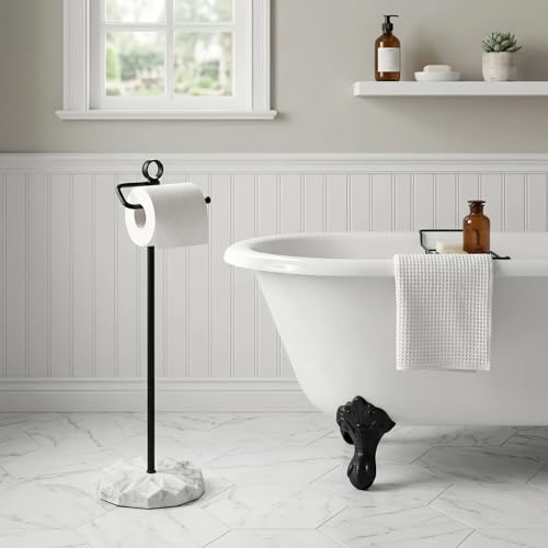 ROLABAM Toilet Paper Holder Stand with Extra Heavy Resin Base, Matte Black Free Standing Tissue Holder, No Tipping Design Fits Mega Rolls, Rustproof Metal Stand for Modern Bathroom - color: 012-matte Black