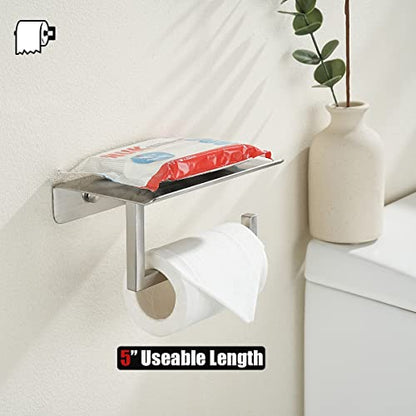 JQK Toilet Paper Holder Shelf, Bathroom Tissue Roll Holder with Phone Shelf, 5 Inch 304 Stainless Steel Tissue Paper Dispenser, Brushed Finished Wall Mount, TPH202-BN-T - color: Brushed