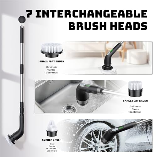 Electric Spin Scrubber, 2-Speed Cleaning Brush, Extendable Handle (Black) | Includes 7 reusable brush heads and an IPX7-rated design for cleaning bathrooms, showers, kitchens, tile, floors, and grout - color: Black