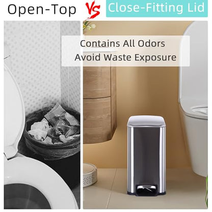 Small Bathroom Trash Can with Lid, 5 Liter/1.3 Gallon Stainless Steel Small Garbage Can with Removable Inner Bucket & Soft-Close Foot Pedal, Slim Trash Can for Bathroom, Bedroom, Office (Silver 2 PCS) - color: Silver, size: 2 Pack