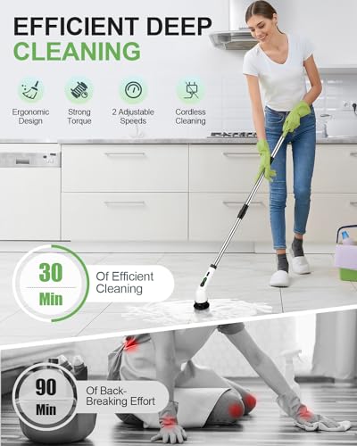 Cordless Electric Spin Scrubber, 9 Brush Heads, 2-Speed Motor | Floor cleaning, bathroom scrubber, tile floor scrubber, extension arm, IPX7 waterproof, tub, sink, grout, wet- dry vacuum - size: 9heads