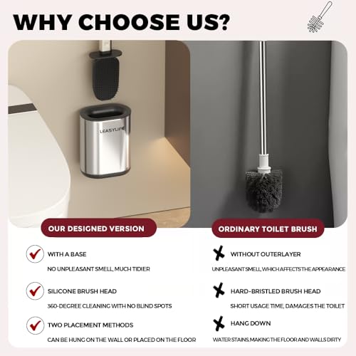 Toilet Brush and Holder, Stainless Steel | Removable Inner Bowl and Splash Protection,Flat and Elongated,Dense Bristles for Through Cleaning - color: Silver