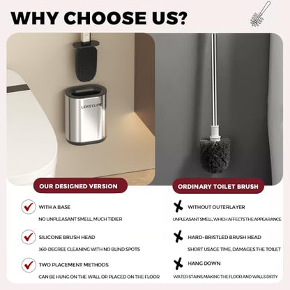 Toilet Brush and Holder, Stainless Steel | Removable Inner Bowl and Splash Protection,Flat and Elongated,Dense Bristles for Through Cleaning - color: Silver
