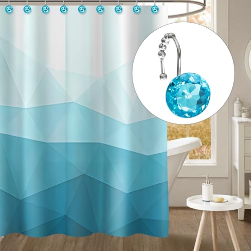 Sunlit Luxury Design Round Aqua Blue Diamond Crystal Gem Bling with Glide Balls Shower Curtain Hooks, Rust Proof Metal Rhinestones Glam Shower Curtain Rings-12 Pack - color: Aqua Blue