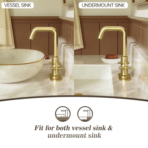 Phiestina Brushed Gold 2-Handle 4 Inch Centerset Single Hole Bathroom Faucet with Drain,Deck Plate and Supply Hoses, Fit for 1 or 3 Hole, SGF002-10-BG