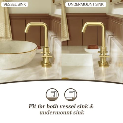 Phiestina Brushed Gold 2-Handle 4 Inch Centerset Single Hole Bathroom Faucet with Drain,Deck Plate and Supply Hoses, Fit for 1 or 3 Hole, SGF002-10-BG