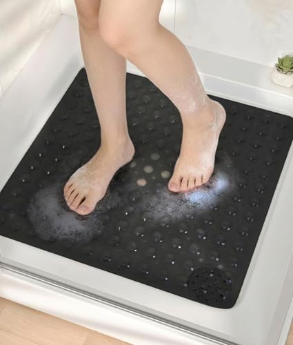 Square Shower Mat Non Slip, 21x21 Inch Square Bathtub Mat for Inside-Shower with Suction Cups Drain Holes, Anti-Slip Bathroom Floor Shower Stall Mats, Soft Bath for Tub, Machine Washable - Black - color: Black