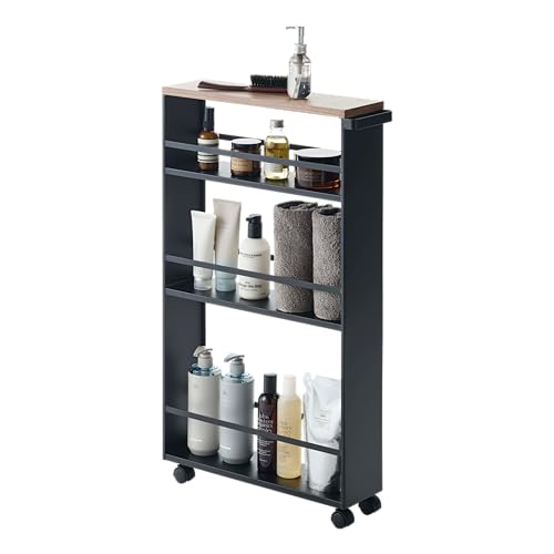 YAMAZAKI home Tower Rolling Slim Storage Cart With Handle Black | Narrow kitchen storage cabinet with built-in handle. Slim rolling storage cart with wheels. Easy assembly. Keeps items tidy. - color: Black