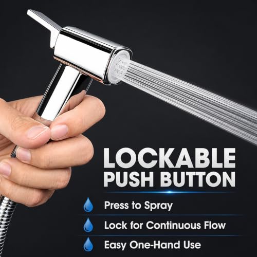 Handheld Bidet Sprayer for Toilet, Lockable Push Button, High Pressure Bathroom Sprayer, Cloth Diaper & Personal Hygiene Sprayer, Tank Mount No-Drill Install, Stainless Hose Set, Chrome Color - color: Chrome