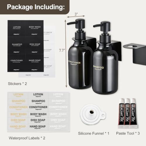 Shower Dispenser Wall Mounted Set of 3, Transparent Black | 16.9 oz Refillable Bottles, Black Pumps, No-Drill Installation, 27 Labels, For Bathrooms, Hotels and Airbnbs - color: Transparent Black Bottle + Black Pump