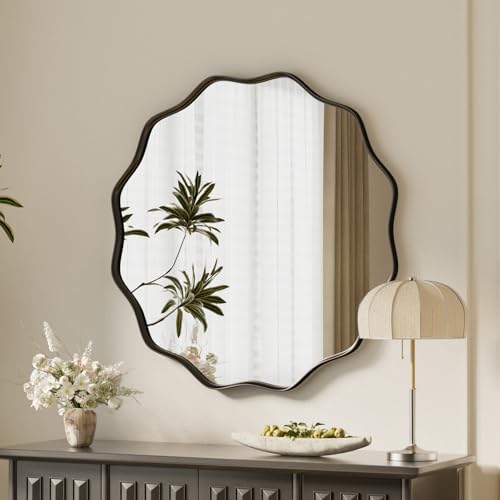 Black Scalloped Circle Mirror 20" Wavy Edge Round Wall Mirror | Tempered Glass Textured Circular Metal Deep Frame, Hanging Leaning for Bathroom, Hallway, Entryway, Living Room - color: Black, size: 20"L x 20"W