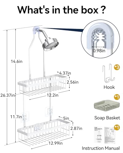 Never Rust Shower Caddy Hanging, Aluminum Shower Racks for Inside Shower, 2-Tier Shower Organizer Hanging Over Shower Head with Hooks and Soap Holder, White - color: White