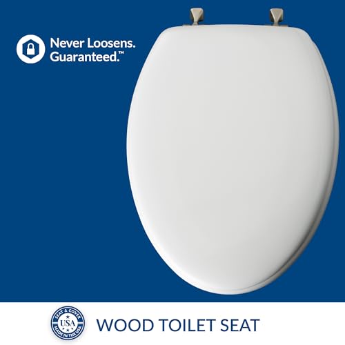 MAYFAIR 1844BNA 000 Toilet Seat with Brushed Nickel Hinges will Never Come Loose, ELONGATE, White - Brushed Nickel - size: Elongated, style: Brushed Nickel Hinge