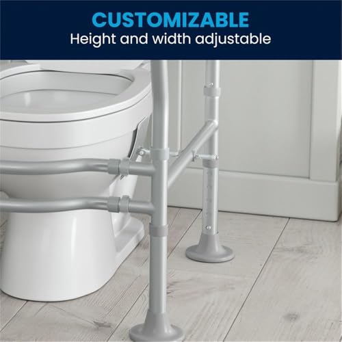 Pemberly Row Adjustable Toilet Safety Rail, Steel Frame with Gray Padded Handles, 23.5-27.25"W x 21.5"D x 26.25-30"H, Lightweight, Suction Cup Feet, Tool-Free Assembly, Elderly or Disabled Use