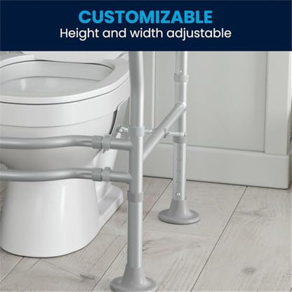 Pemberly Row Adjustable Toilet Safety Rail, Steel Frame with Gray Padded Handles, 23.5-27.25"W x 21.5"D x 26.25-30"H, Lightweight, Suction Cup Feet, Tool-Free Assembly, Elderly or Disabled Use