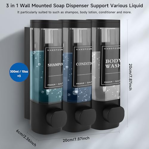 Shampoo and Conditioner Dispenser, 3 Chamber 300ml, Wall Mounted, Black | Shower Soap Dispenser, Refillable Hand Soap Dispensers, Body Wash Dispenser for Bathroom, Kitchen, Hotel, Home - color: Black, size: 3 Chamber