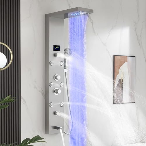 DELAVIN LED Stainless Steel Shower Tower, 5-Function Shower Panel Tower | Temperature Display, Rainfall Waterfall Shower, Massage Jets, Tub Spout, for Renovation, New Builds, Rentals & Contractors - color: Brushed Nickel, style: 8 Body Jets With LED