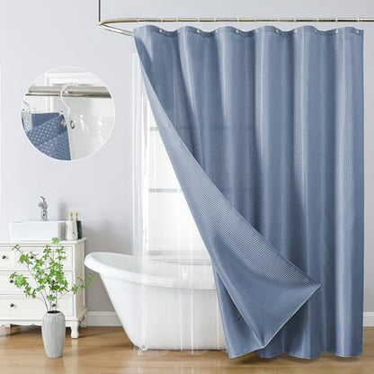 QiyI 3 in 1 Waffle Shower Curtain Set with Liner, Moonlight Blue, 72 x 72 | Shower Curtain and Liner Set with Hooks, Waterproof Bathroom Curtain with PEVA Liner & 12 Double Sided Clear Plastic Rings - color: Moonlight Blue, size: 72"W x 72"L (Pack of 1)