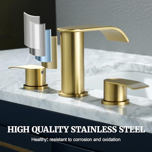 Ultimate Unicorn 8 inch Bathroom Faucet Brushed Gold, Waterfall Bathroom Faucet with Metal Pop-up Sink Drain Stopper and 2 Supply Hoses,2 Handle Widespread Faucets for Vanity Sink 3 Holes | Bathroom Faucet with Metal Pop-up Sink Drain Stopper and 2 Supply