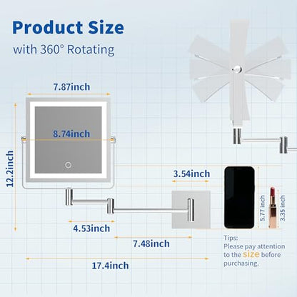 Ruacq Wall Mounted Makeup Mirror with Lights 1X/10X Dual Sided Chrome | 8",4000mAh Rechargeable,Magnification,3 Color,Touch Screen Dimmable,360° Rotation Extension Foldable Arm, Square, Women Gift - color: Chrome