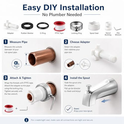 Universal Bathtub Tub Spout with Diverter,Fits 1/2" Copper Piper (5/8" Diameter) Connection, Pull Down Bathroom Tub Faucet Replacement with Adapters,Easy Installation (Chrome)