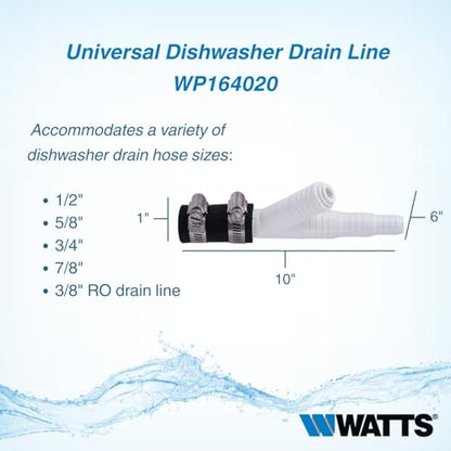 Watts Premier Universal Dishwasher / Drain Line to Garbage Disposal Adapter for Reverse Osmosis Systems, Push-In Fitting & Barb, Hose Coupler, Marine Stainless Steel Hose Clamps, No Drilling Required