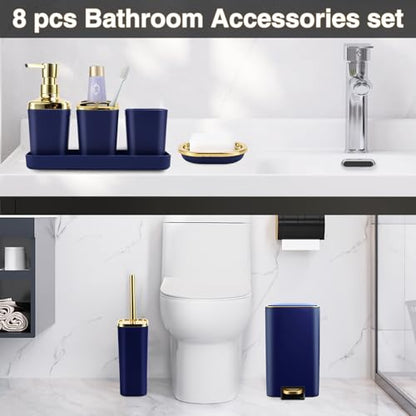 XLHOMO Navy Blue Bathroom Accessories Set 8 Piece Navy Blue and Gold Bathroom Set, Bathroom Sets with Stainless Steel Trash Can,Toilet Brush,Toothbrush Set,Soap Dispenser - size: Navy blue, style: Bath Set