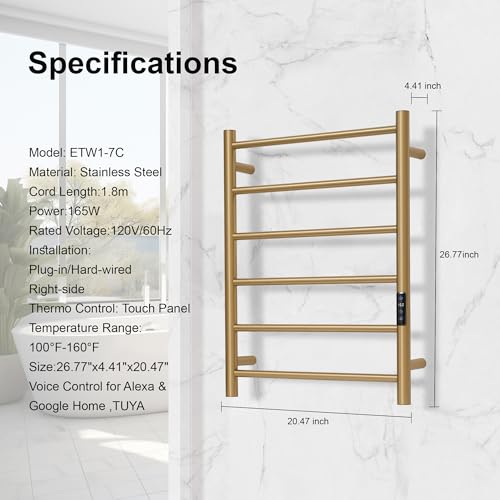 Electric Towel Rack with Voice Control for Alexa & Google Home,TUYA-Wall-Mounted Bathroom Heating Towel Warmer,Plug-in,26.77x20.47x4.39in,Stainless Steel Material,Gold，6 Bars - color: Gold With Wifi, size: 6 Bar