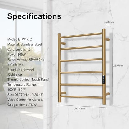 Electric Towel Rack with Voice Control for Alexa & Google Home,TUYA-Wall-Mounted Bathroom Heating Towel Warmer,Plug-in,26.77x20.47x4.39in,Stainless Steel Material,Gold，6 Bars - color: Gold With Wifi, size: 6 Bar