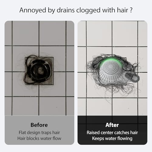 Shower Drain Hair Catcher & Bathtub Drain Hair Catcher, Silicone Drain Hair Catcher with Raised Dome Keeps Draining, Fits Flat & Pop-Up Drains, No-Curl Silicone, No-Touch Pull Tab (White)